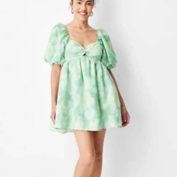 Future Collective Women's Tie-Dye Puff Short Sleeve Mini Dress - Green Sz Small - Picture 1 of 10